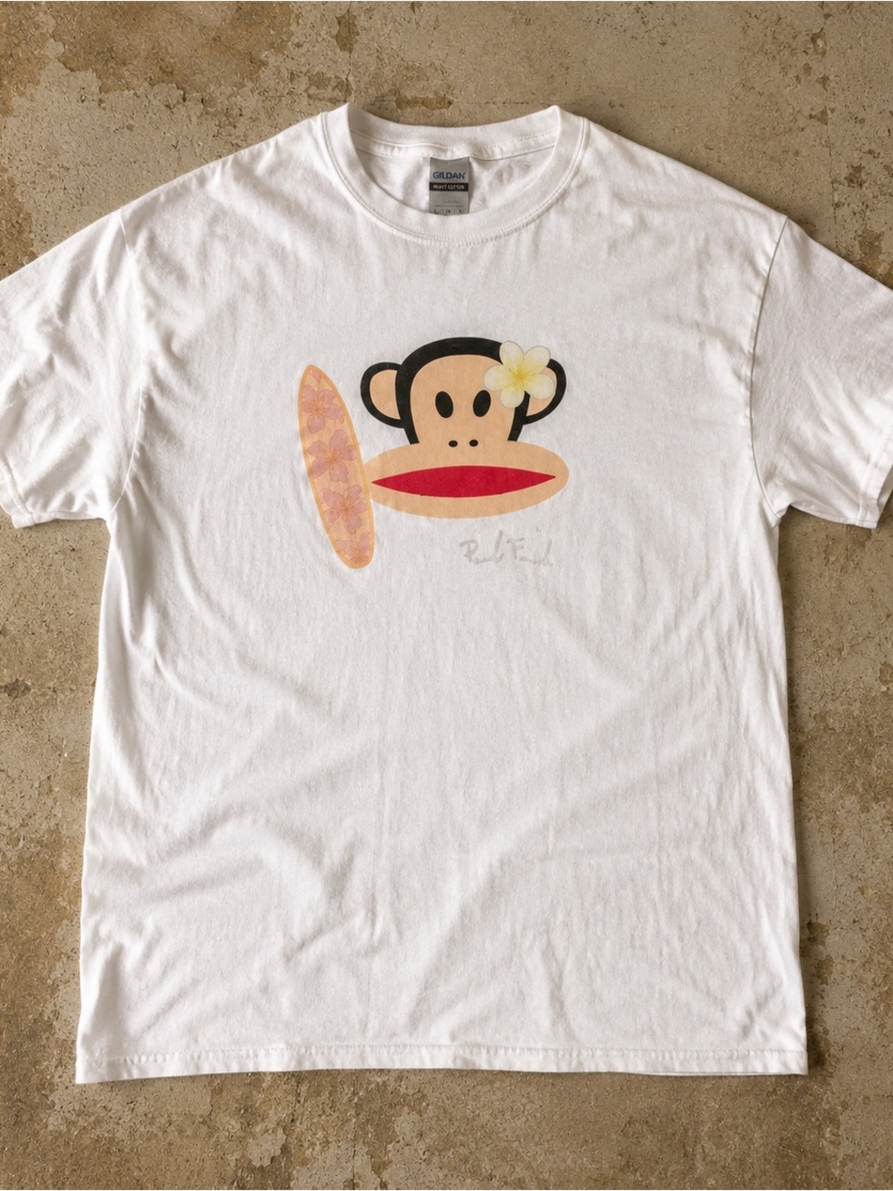 Gildan White Short Sleeve Tee with Paul Frank Monkey Surf Graphic